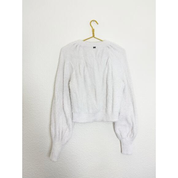 For Love & Lemons Fiona White Cardigan Size Large Fuzzy Puff Sleeve Rhinestone - Picture 13 of 14